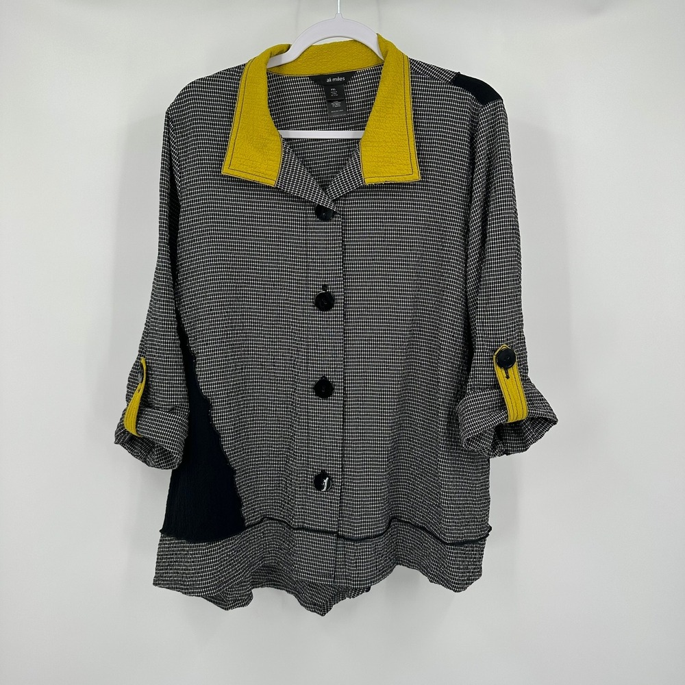 Ali Miles Womens Artsy Lagenlook Top Size PXL Bold Checked Avant Garde Geometric